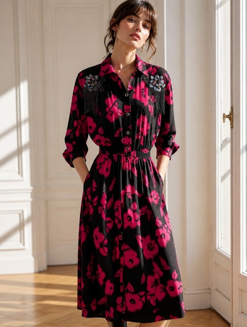 Black Midi Shirt Dress with Bold Fuchsia Floral Print